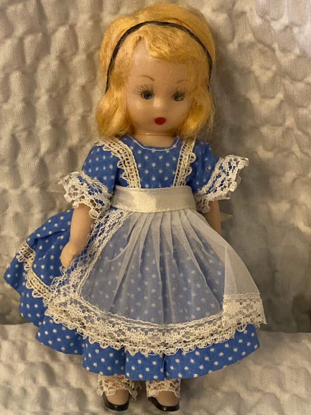Vintage Nancy Ann Storybook Doll Blonde Hard Plastic 5.5" Blue Polka Dot Dress